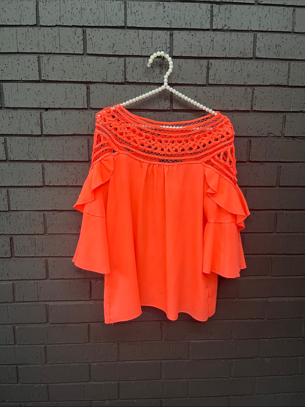 By Together Bright Neon Coral Off-Shoulder Crochet Yoke Ruffle Sleeve Top